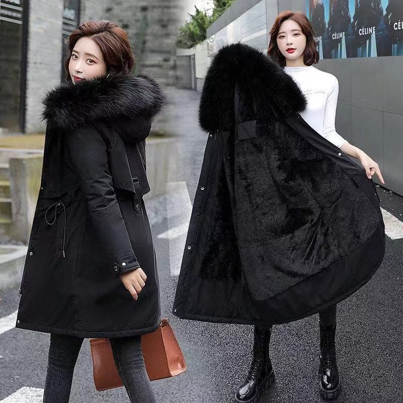 Parka 2025 Winter European and American New Women's Cotton Jacket Mid-Long Big Fur Collar Fleece-Lined Cotton Coat Thick Outerwear