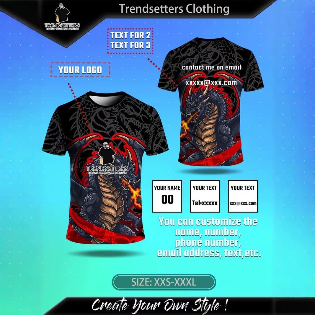 Men's eSports T-shirt with super cool dragon spitting fire pattern 3D double-sided printing design supports uploading photos, suitable for summer
