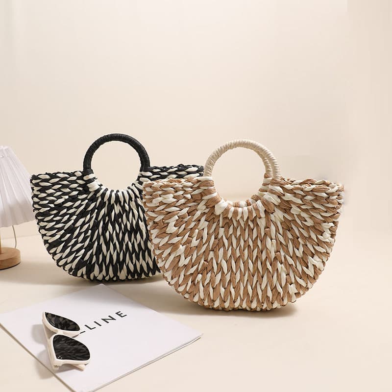 Colorful Half-Circle Handwoven Straw Bag New Style Handheld Two-Tone Woven Bag Vacation Beach Bag Versatile Women's Bag