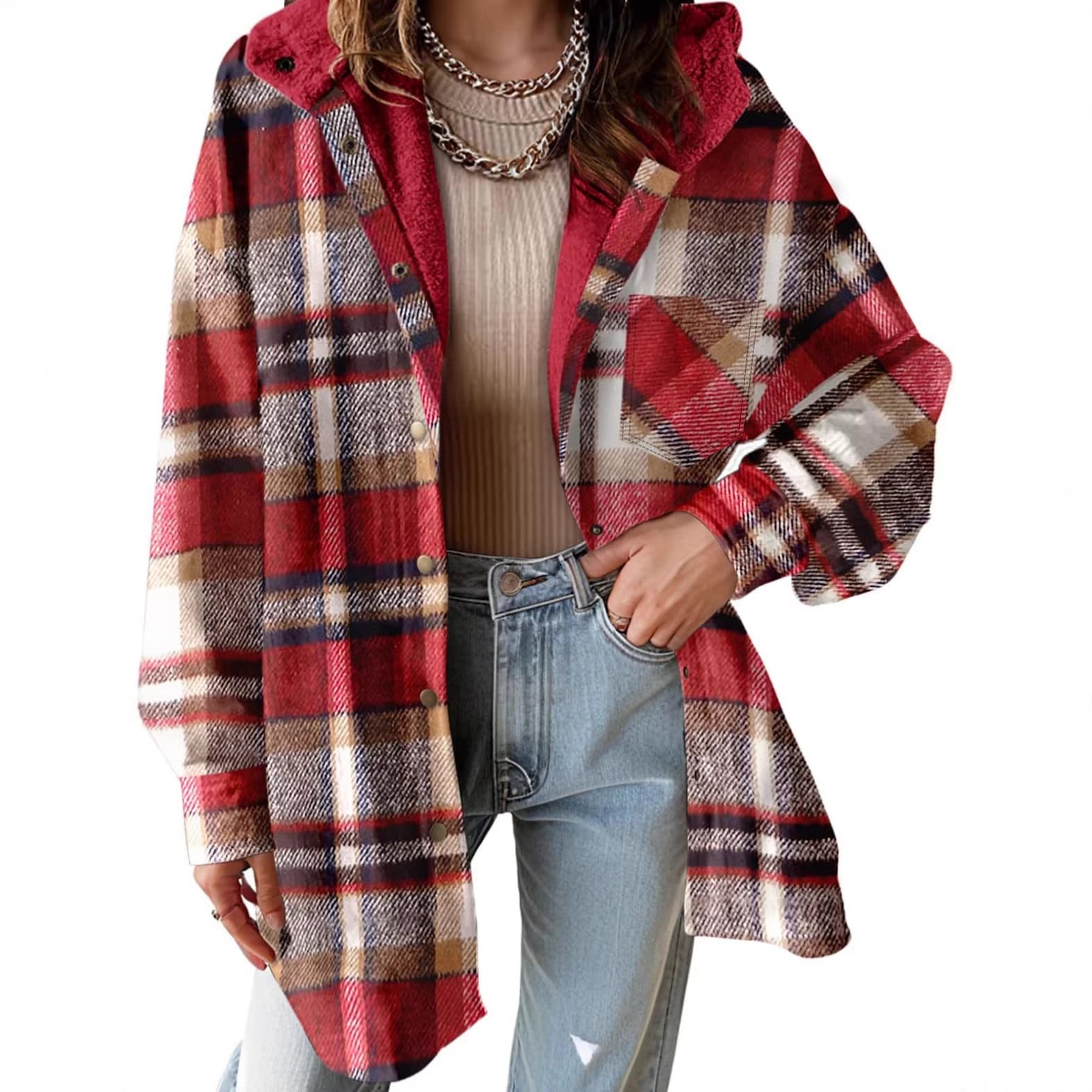 Cross-border European and American Amazon 2025 autumn and winter new hooded long-sleeved jacket casual versatile plaid casual style