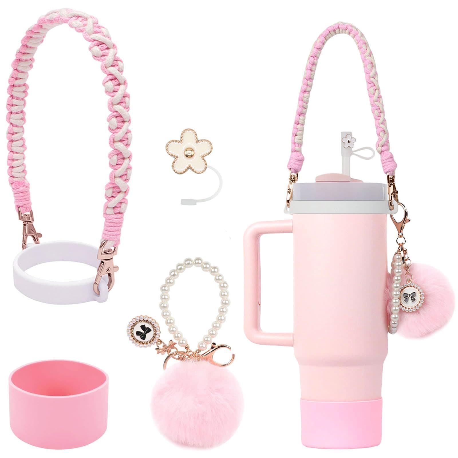 Stanley Cup Accessories Pearl Chain Pom Pom Keychain Silicone Cup Holder Handle Strap Flower Straw Dust Plug
