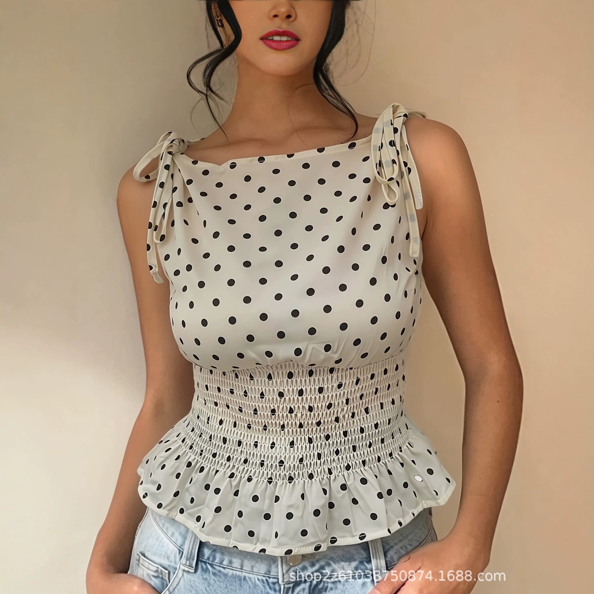 SN In Stock Cross-Border Summer European-American Polka Dot Bow Decoration Personalized Off-Shoulder Waist-Cinching Shirred Design Vest Top