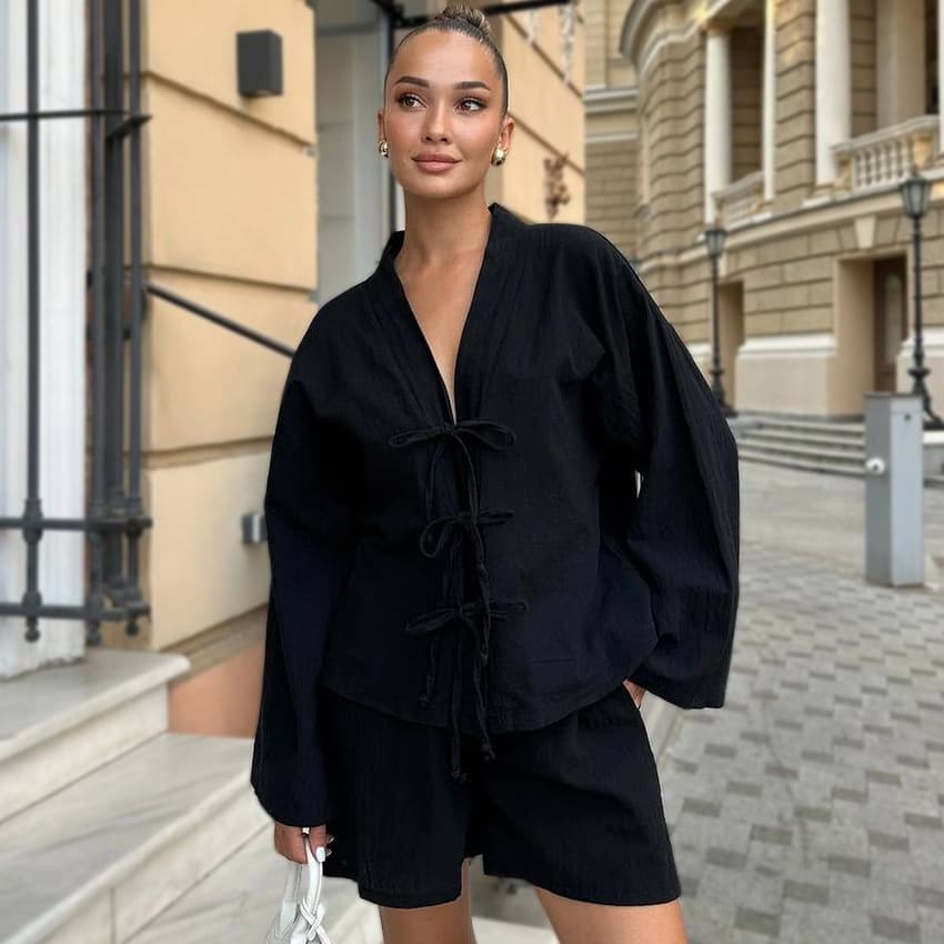 European and American Spring and Summer New Style Loose and Comfortable Pure Cotton Breathable Long-Sleeved Shorts Pajamas Women's Set Cross-Border Home Wear Wholesale