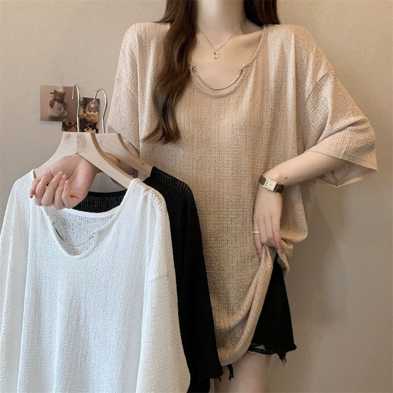 Plus Size Ice Silk Hollow Chain Design Short Sleeve T-Shirt for Women Summer 2026 New Loose Slim Fit T-Shirt Top