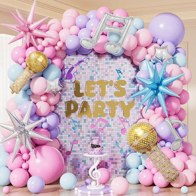 141-Piece Pink Purple Blue Balloon Microphone Musical Note Star Balloon Girl Birthday Karaoke Pop Music Party