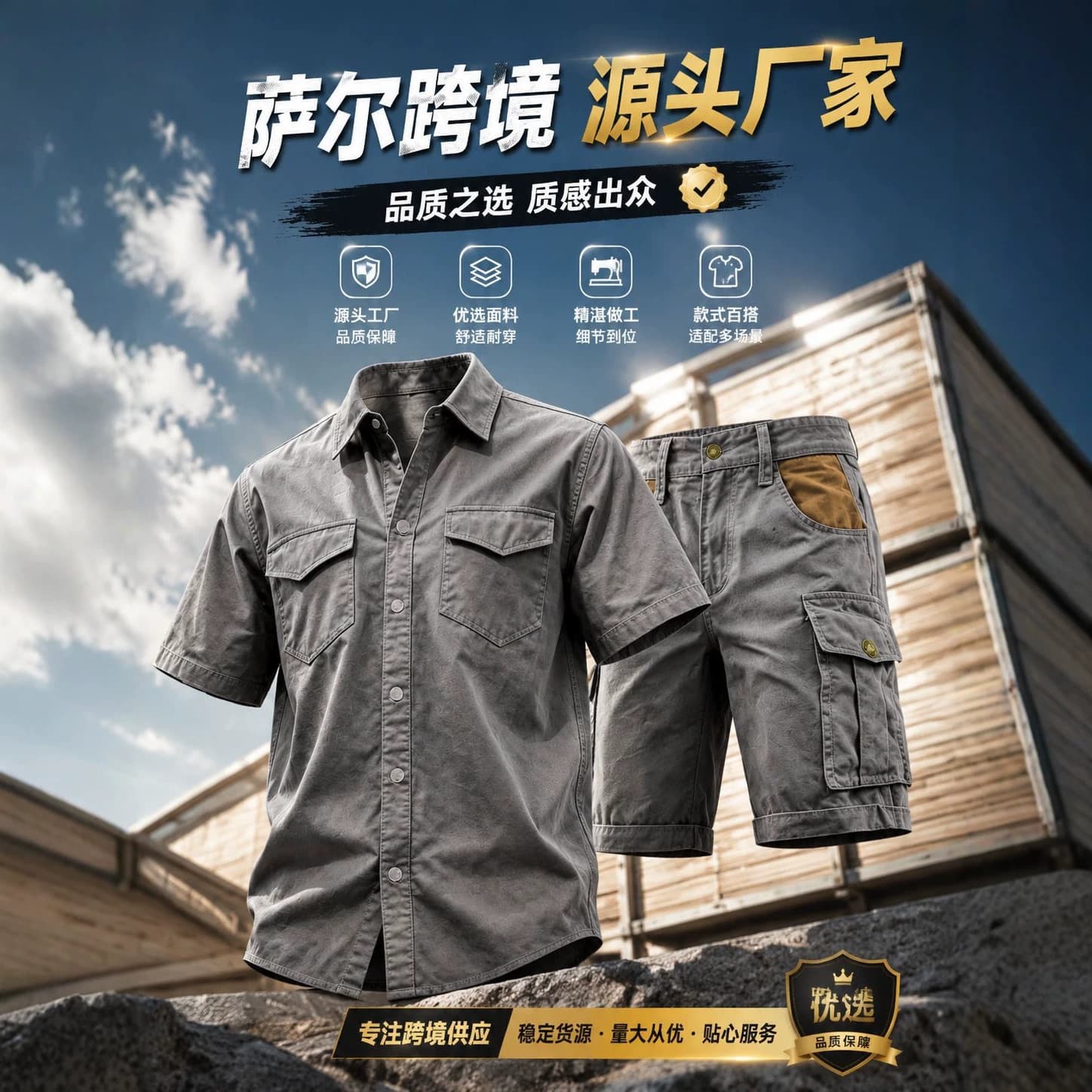 Spot cross-border AliExpress Amazon men's short-sleeved shirt multi-pocket shorts outdoor hiking suit 100 cotton