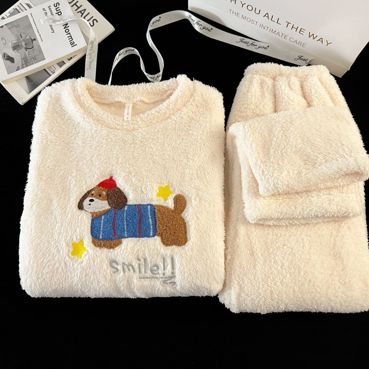 Plush Pajama Set for Women Fall Winter Cute Sweet Cartoon Wearable Warm Loungewear Two-Piece Set