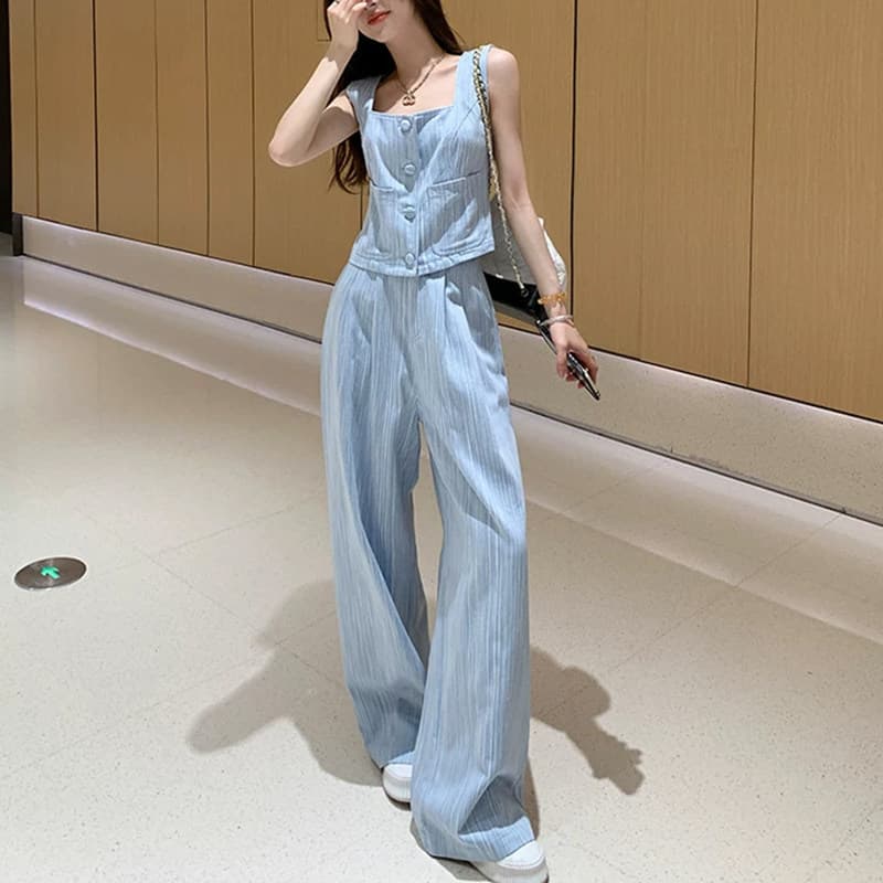 Ah180 Slimming Sports Casual Suspender Wide-Leg Pants Two-Piece Set Paper Pattern Women's Two-Piece Set Sample