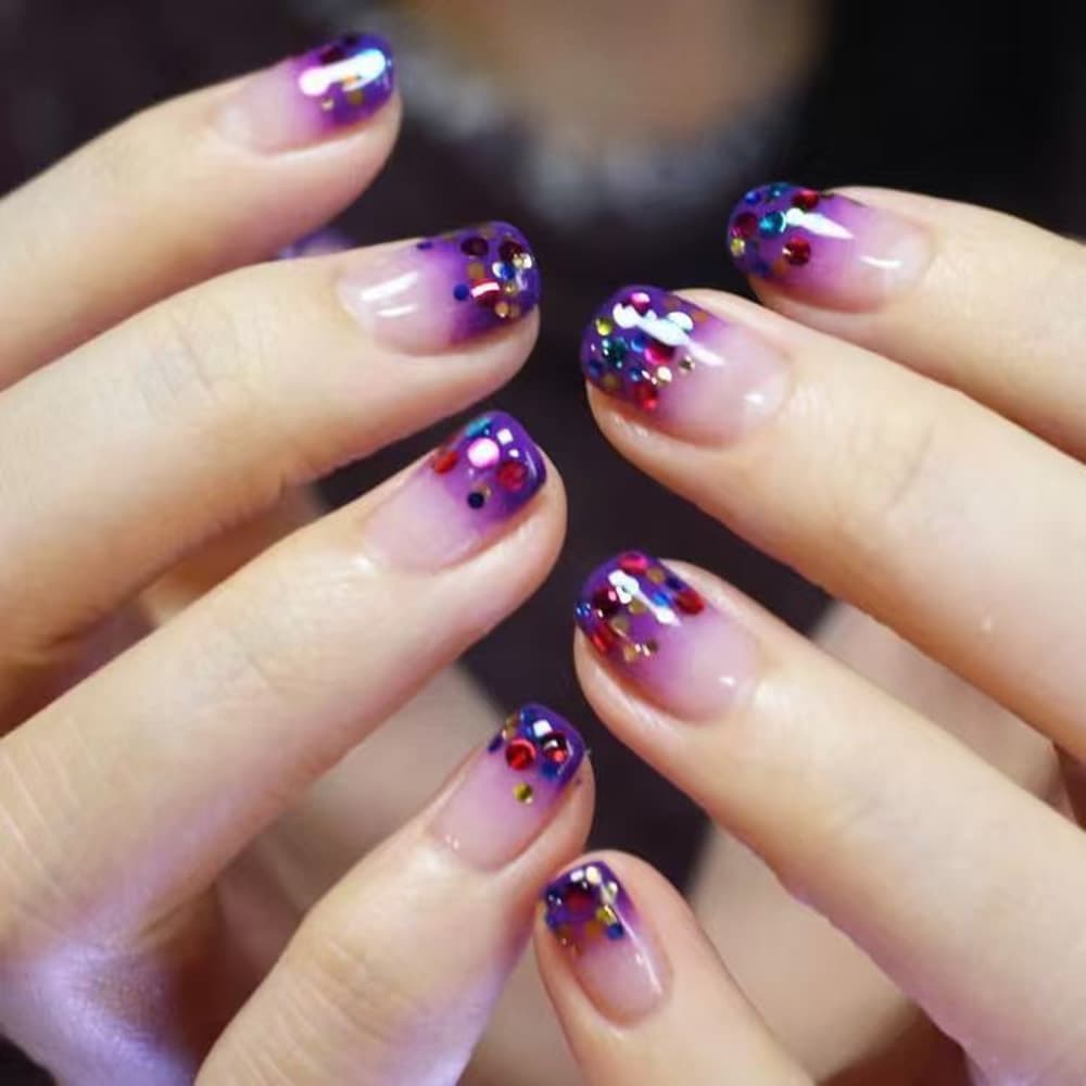 Colorful Glitter Press-On Nails, Summer Bestseller, Purple Gradient Icy Transparent Sparkling Nail Art Tips