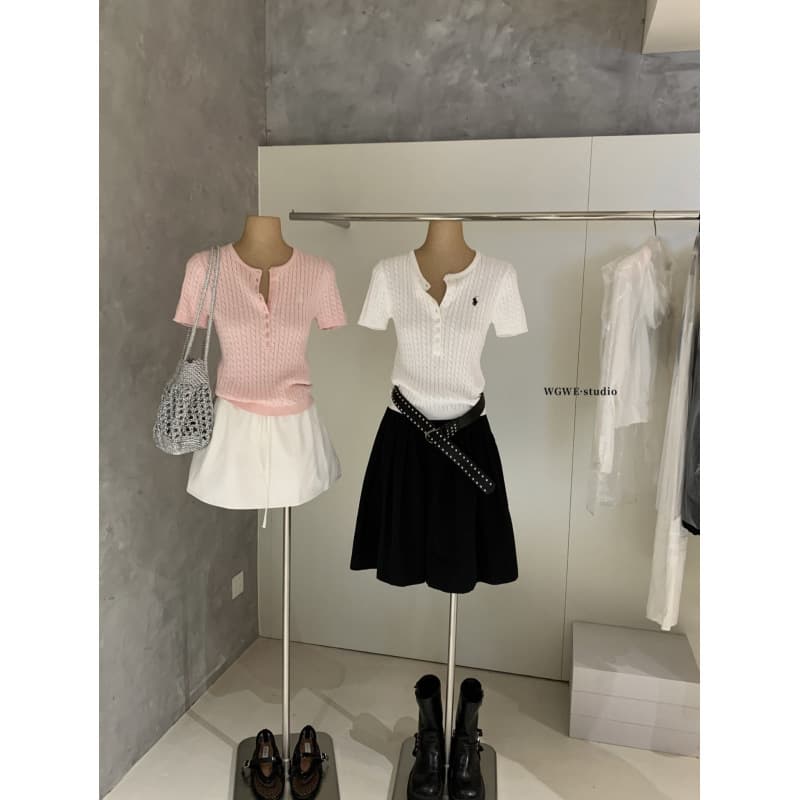 Shinai WGWE9103 Summer Korean Simple Multi-Button Knit Top Women's Short Sleeve Slim Fit Henley Shirt Pink