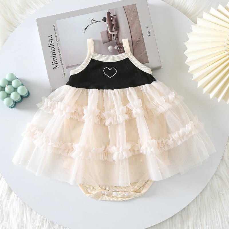 Fashionable Baby Girl Summer Strapless Tulle Dress with Bodysuit, Trendy Internet-Famous Princess Romper