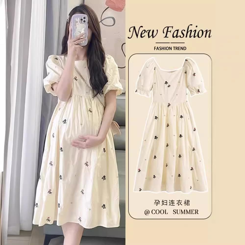 2023 New Maternity Summer Dress French Style Bubble Sleeve Floral Dress for Petite Women