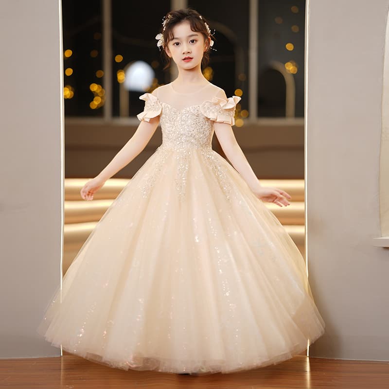 Girls' Formal Princess Dress, Little Girl's Light Luxury High-End Long Gown, Runway Piano Performance Dress, Girl's Dress