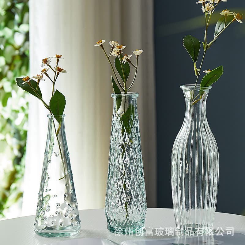French Vintage Small Vase with Embossed Glass, High-End Decorative Vase, Transparent Hydroponic Flower Vase, Forest-Style Living Room Vase