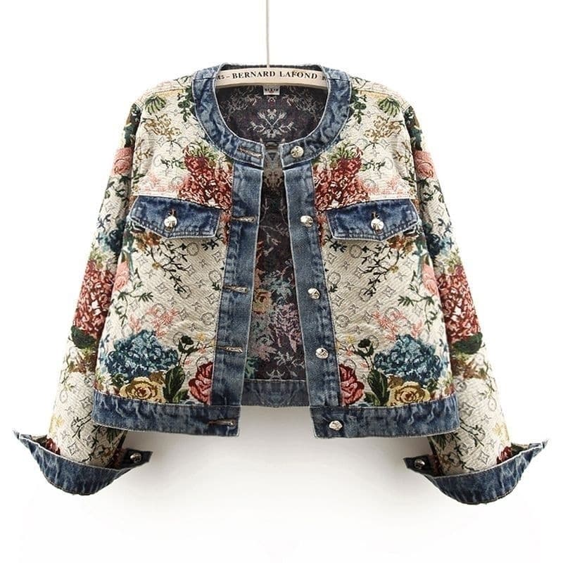 Retro Embroidered Long Sleeve Round Neck Denim Jacket Short Versatile Women's Top Small Size Spring New Arrival Cotton Jacket