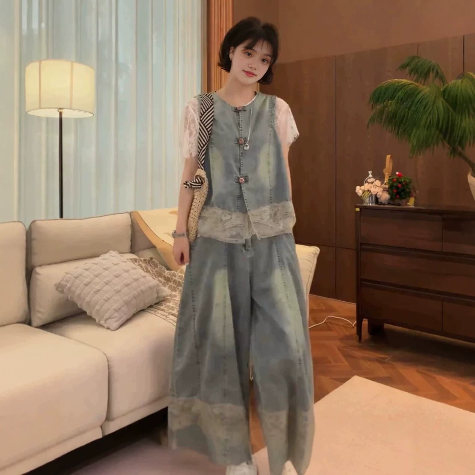 Korean-Style Lace Splicing Denim Vest + Wide-Leg Pants Set for Women, 2026 Summer New Fashion Slimming Two-Piece Set