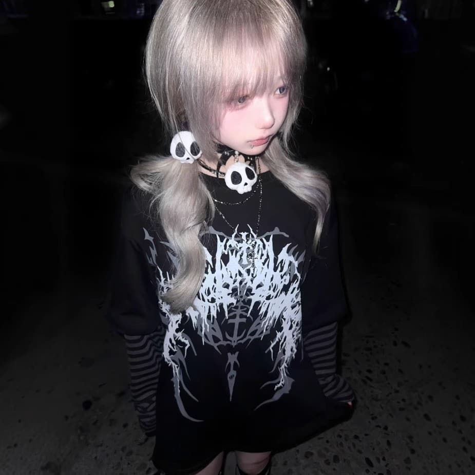 Y2K Subculture Rock Dark Print Faux Two-Layer Long-Sleeve T-Shirt Loose Versatile Top Women Cross-Border