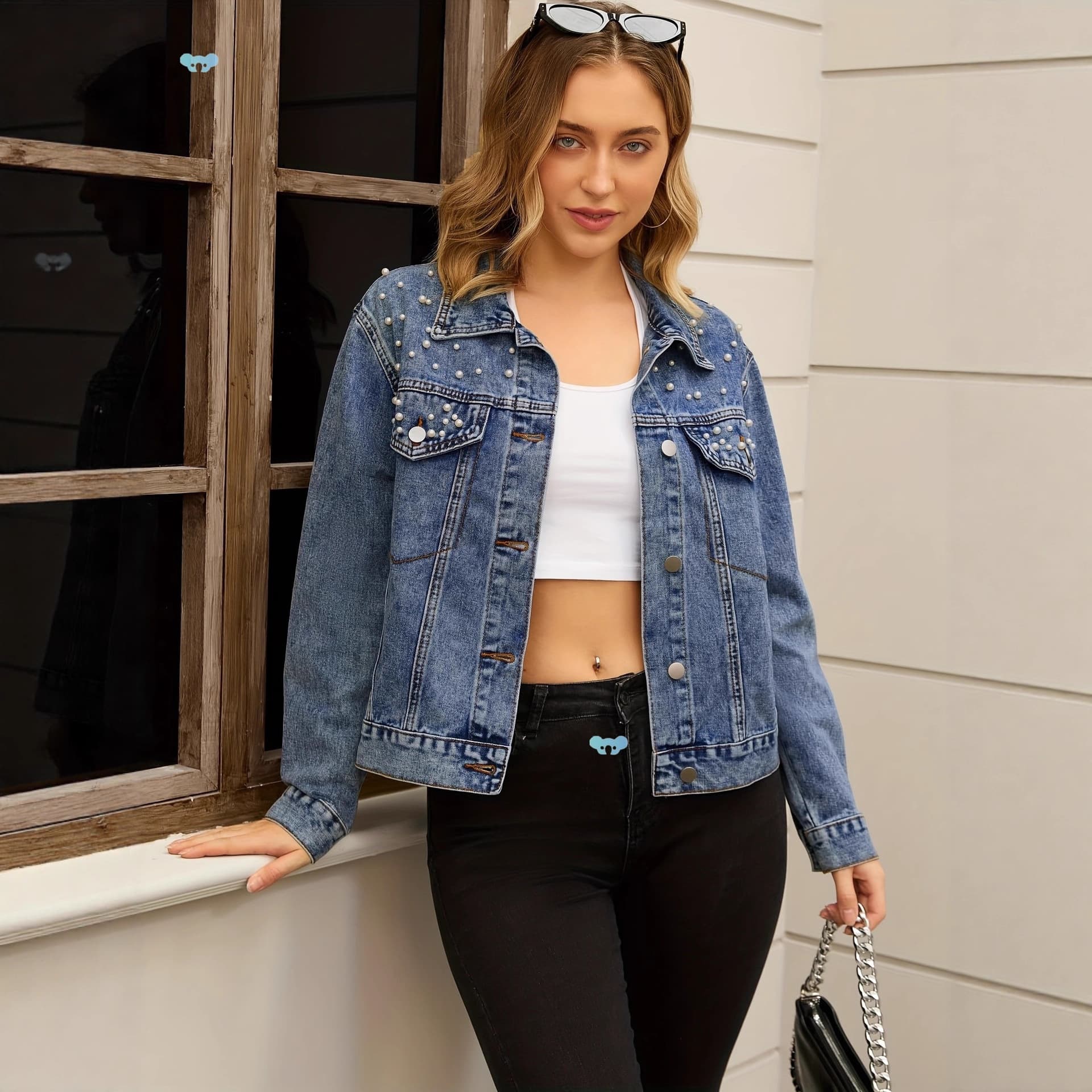 Cross-border EU/US Amazon TEMU Women's Denim Jacket Fashion Spring Long Sleeve Button Pearl Denim Jacket