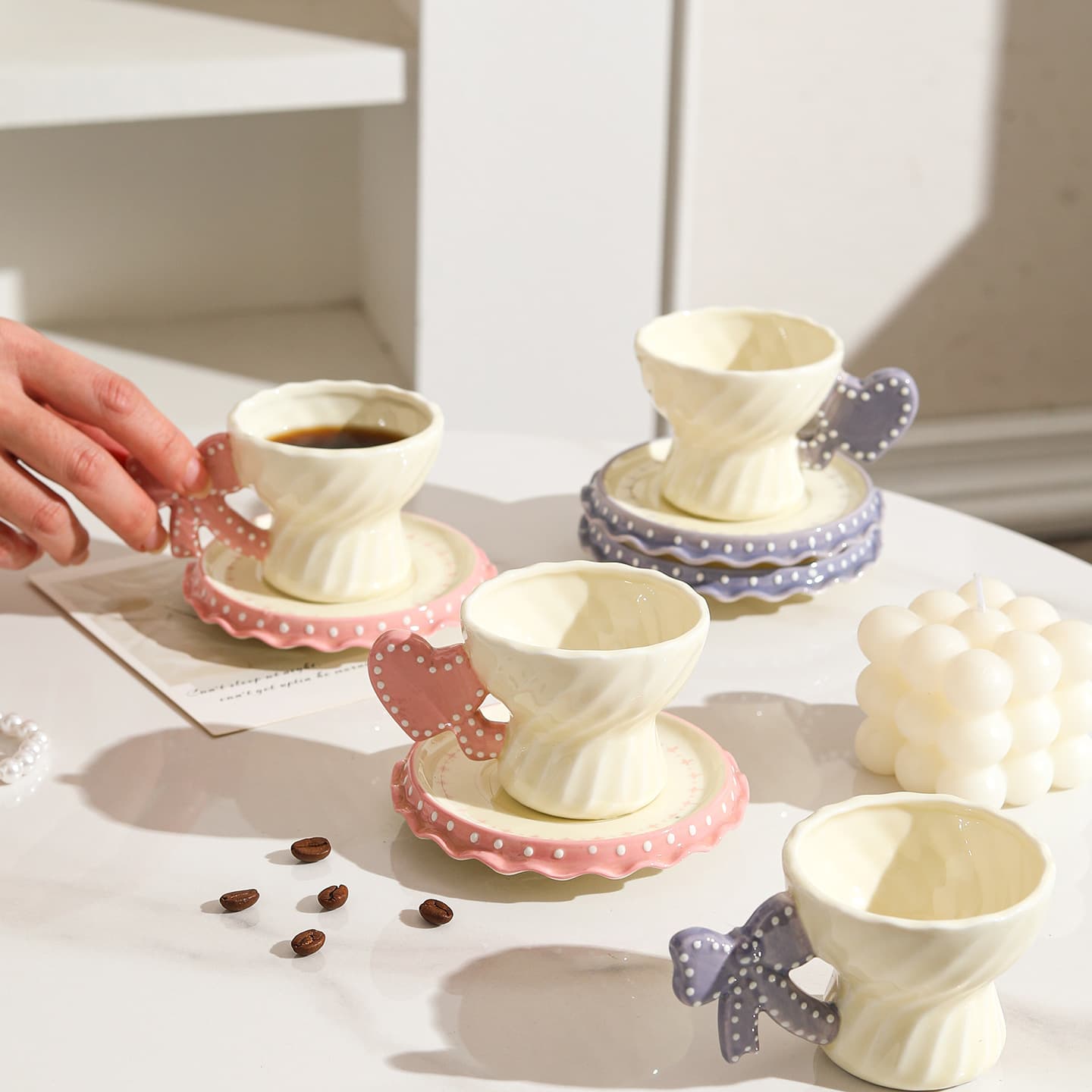 Creative love hand-painted ceramic coffee cup and saucer bow coffee cup espresso cup household ceramic coffee cup