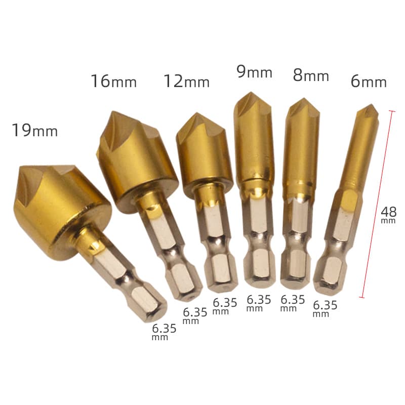 6PC Hex Shank Titanium Coated Five-Flute Chamfer Cutter 3PC Countersink Chamfer Tool 12mm16mm19mm Woodworking Counterbore Set
