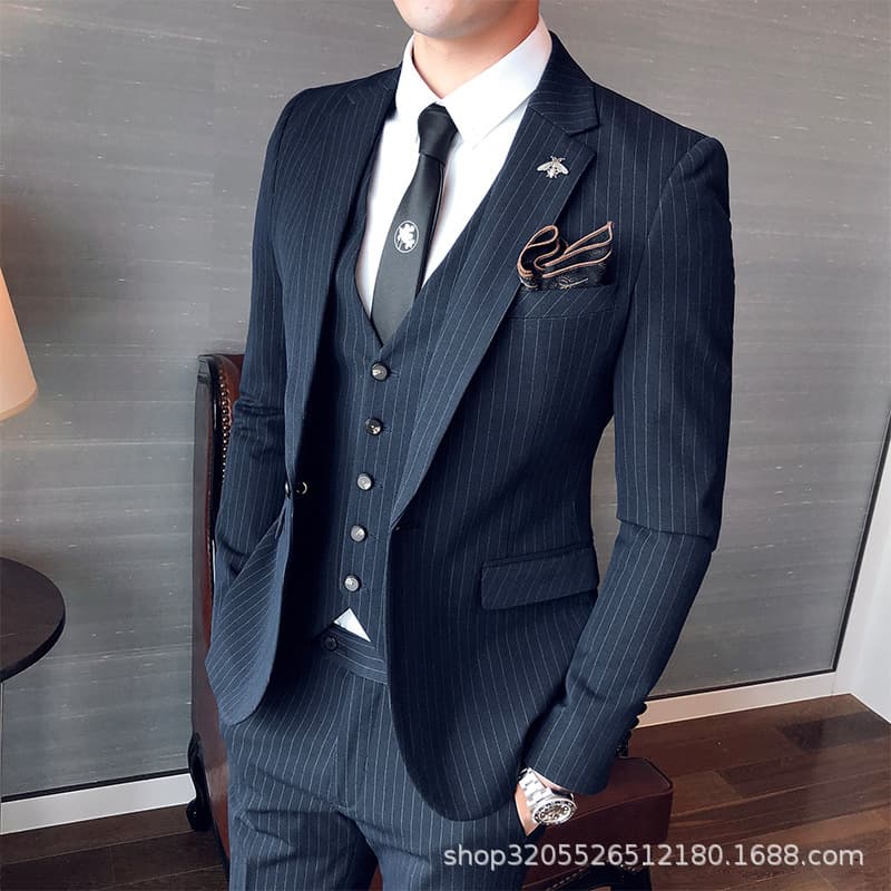Striped Three-Piece Suit for Men 2025 New Korean Style Striped Suit Set Wedding Groom Suit Business Suit