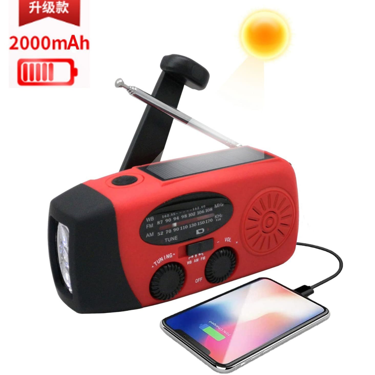 Upgraded 2000mAh Multi-function Radio with Emergency Phone Charging, Hand Crank & Solar Power