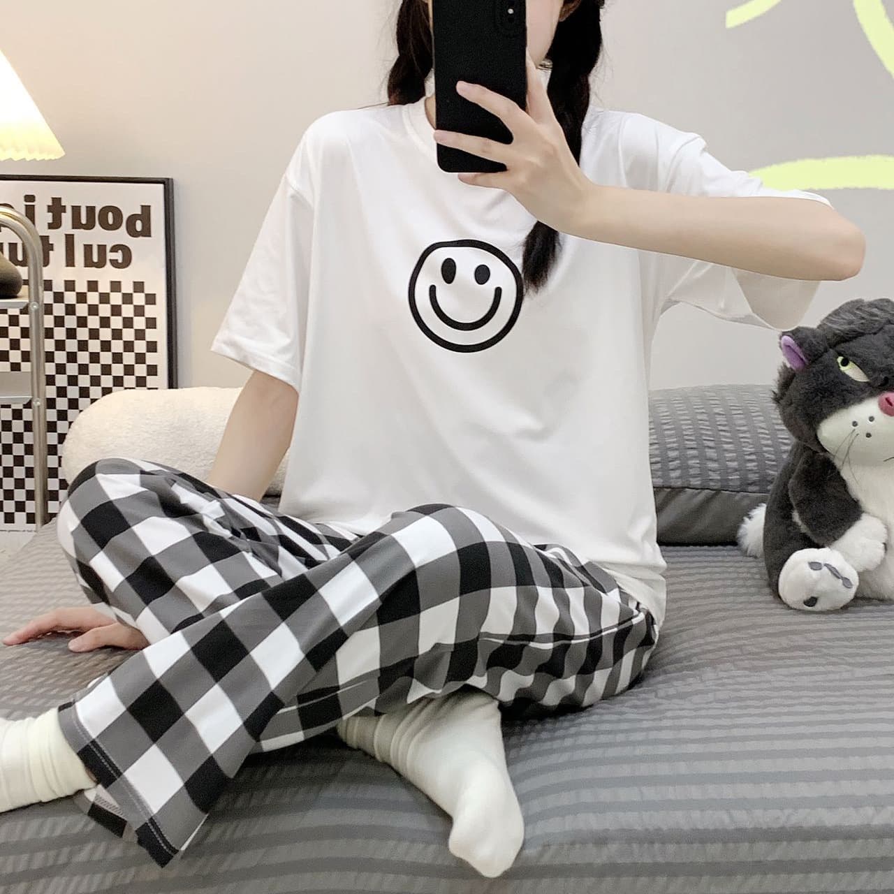 Cross-Border Hot-Selling Spring/Autumn Two-Piece Set: Plaid Long Pants with Short Sleeve, Cartoon Casual Loungewear for Women, Suitable for Outdoor Wear