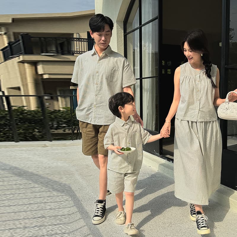 Korean Kids and Parents Matching Set 2024 New Summer Lightweight Striped Shirt Two-Piece Family Outfit