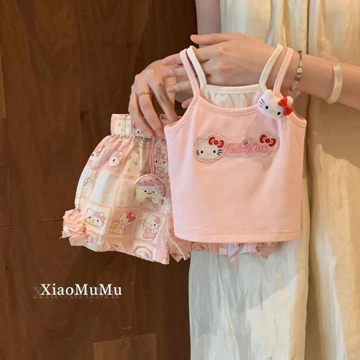 Girls summer sling set 2026 new baby girl cartoon cute vest full printed kt cat shorts two-piece set