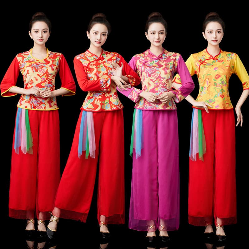 2024 New Square Dance Women's Suit, Yangko Dance Ethnic Style Retro Dragon Pattern Dance Dress, Drum Performance Costume