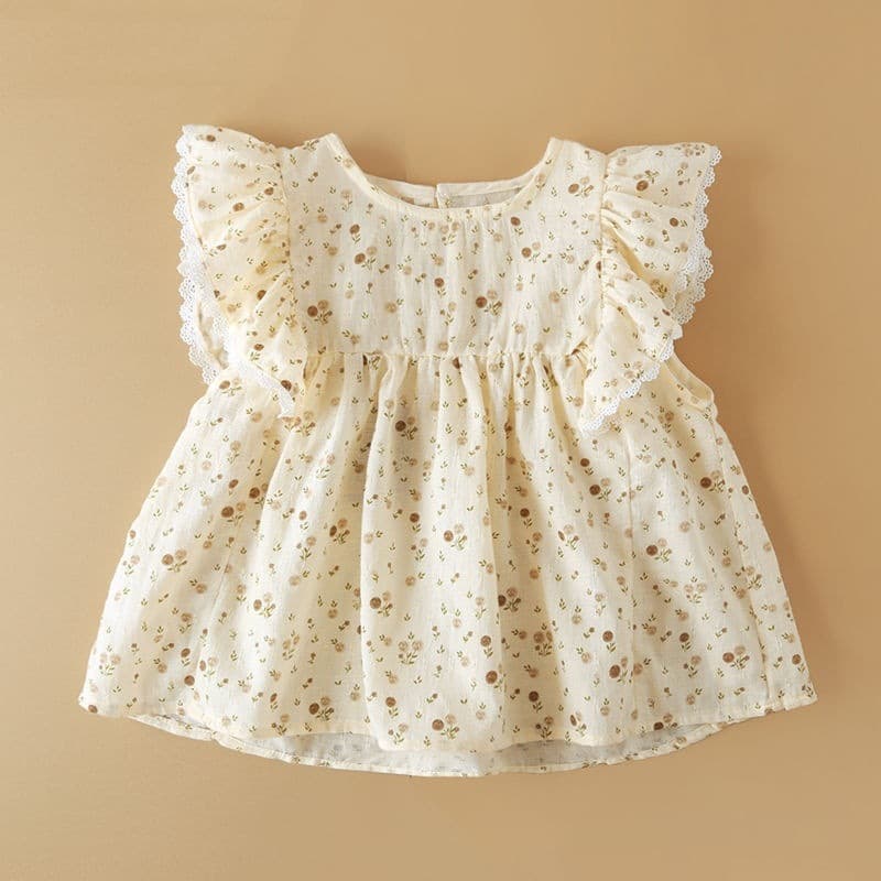 Girl's Floral Blouse Top Summer New Elegant Children's Princess Flutter Sleeve Shirt Baby Pure Cotton Top