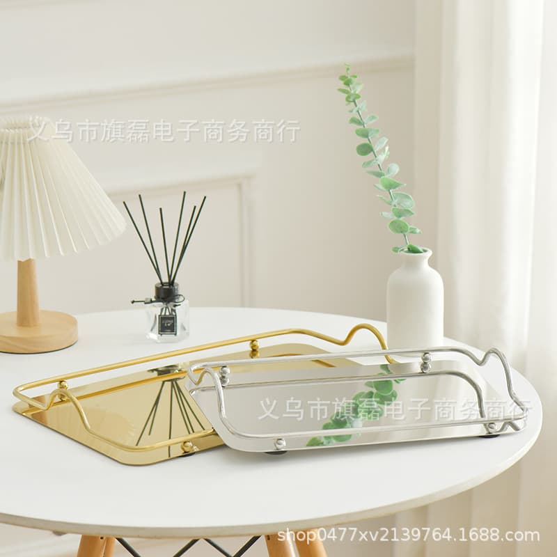 European Light Luxury Coffee Water Cup Stainless Steel Tray, Mirror-Finish Double-Handled Decorative Flat-Bottom Square Plate for Living Room Coffee Table Decor