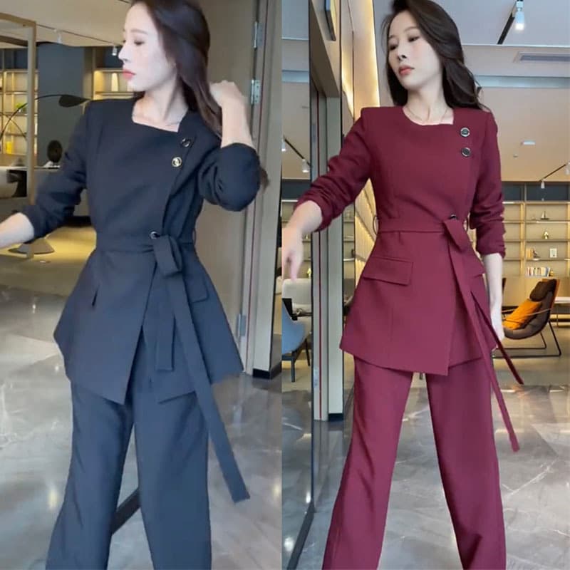 2907 Plus Size Women's Professional Style Commuter Square Neck Suit Set for Curvy Women, Two-Piece Suit and Trousers