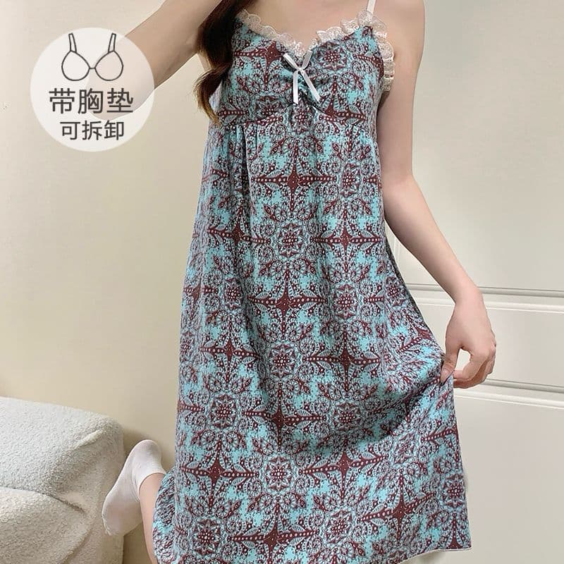 French Vintage Camisole Cloud Cotton Nightgown Women's Summer Sweet Loose with Removable Pads Midi Length Sleep Dress