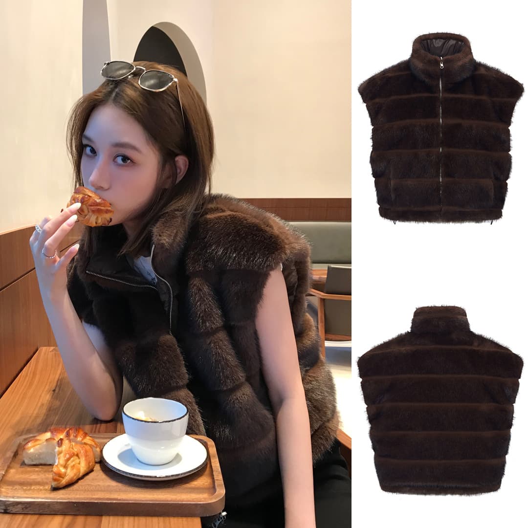 25 Autumn/Winter New Coffee Color Faux Mink Fur Versatile Casual Reversible Vest Winter Thickened Down Vest for Women