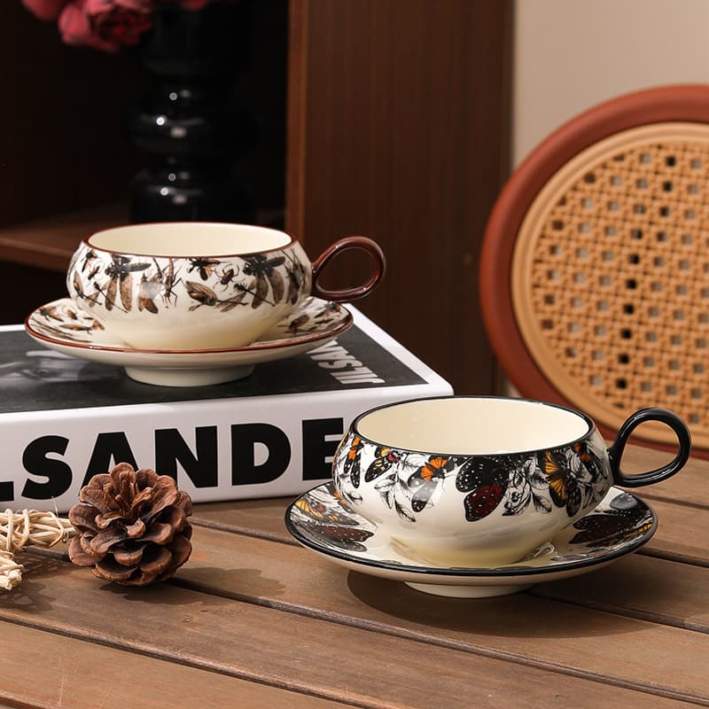 Creative Ceramic Coffee Cup and Saucer Vintage Home Ceramic Coffee Cup Light Fresh Afternoon Tea Large Capacity Coffee Cup and Saucer