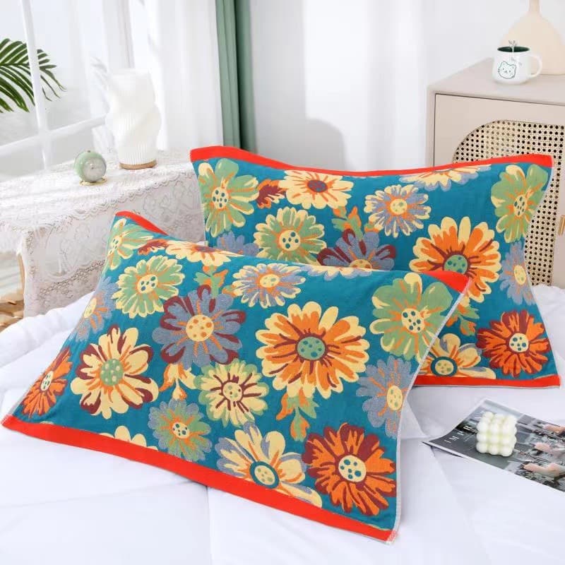 Viral Multi-Layer Cotton-Blend Colored Pillowcase, Soft and Breathable Household All-Season Gauze, Adult Cartoon Jacquard Pillow Cover