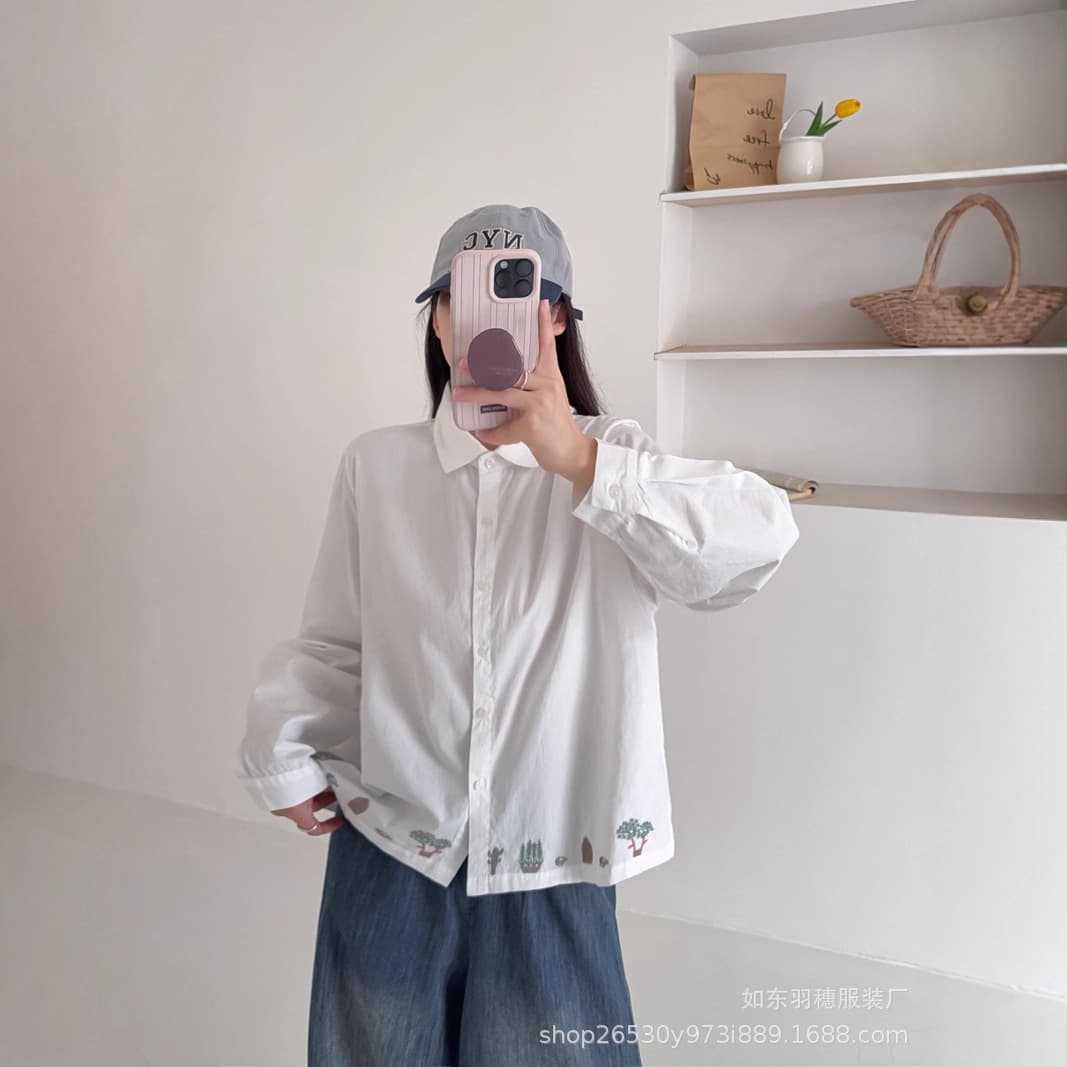 Artistic Japanese-style Pure Cotton Embroidered Shirt for Women 2025 Autumn New Sweet Youthful Loose Versatile Long-Sleeve Top 9603