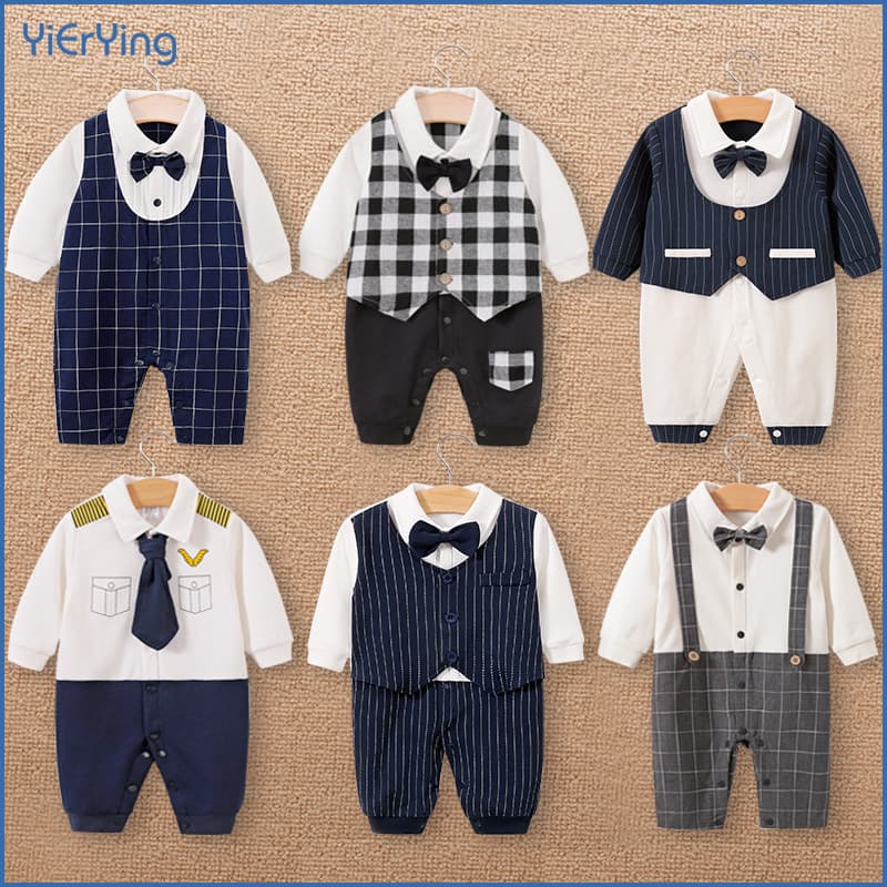 Baby Romper with Bow Tie Gentleman Outfit for Toddler Boys Spring and Fall Cotton Bodysuit Infant Crawling Clothing