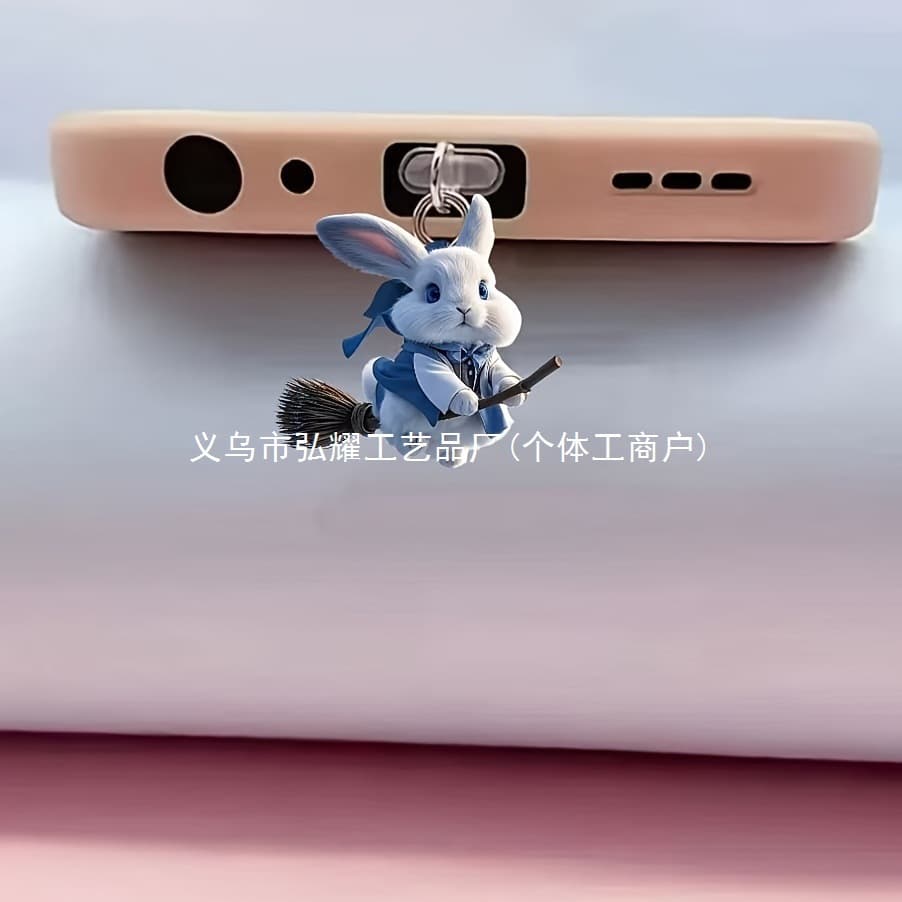 2D New Acrylic Rabbit Riding a Broomstick Cartoon for Type-C Android Apple Phone Charging Port