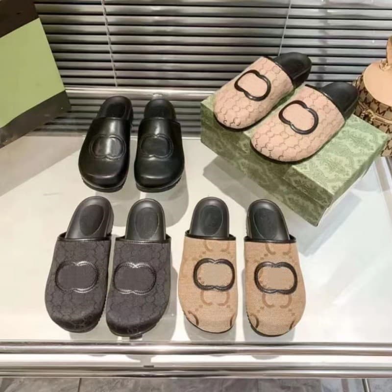 2026 New Summer Genuine Leather Women's Outdoor Sandals g Brand Canvas Flat Horsebit Buckle Closed-Toe Beach Slippers