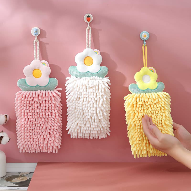 Chenille Hangable Flower Hand Towel, Absorbent Quick-Dry Thick Double-Layer Hangable Hand Cloth, Cute Bathroom Towel