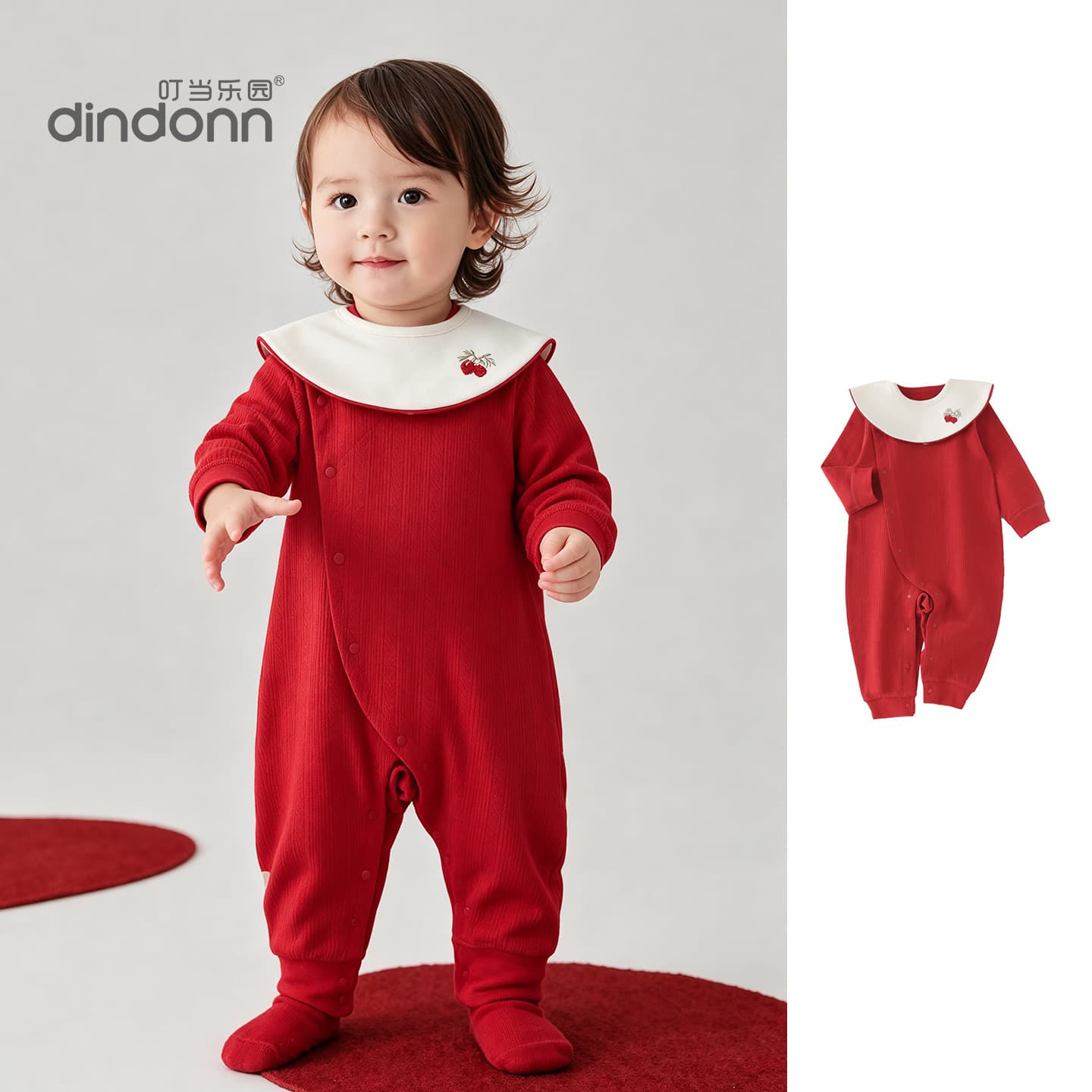 Doraemon New Year Outfit Set Baby Bodysuit Pure Cotton Red Romper Bib Newborn Crawling Clothes