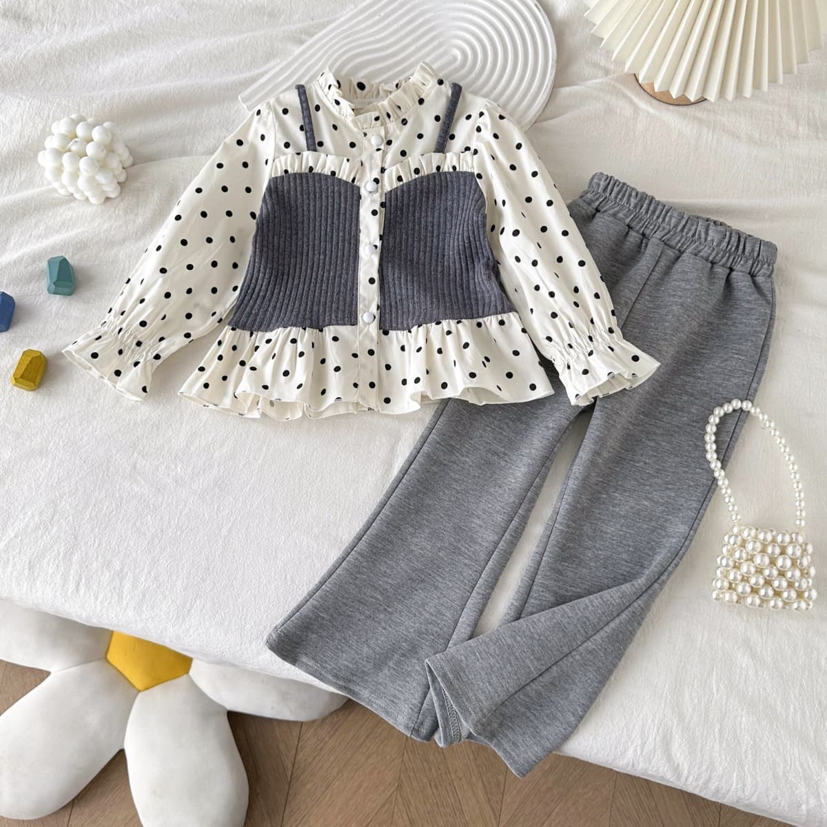 2026 New Polka Dot Set Spring Autumn Long Sleeve French Style Kids Shirt + Flared Pants Two-Piece Set