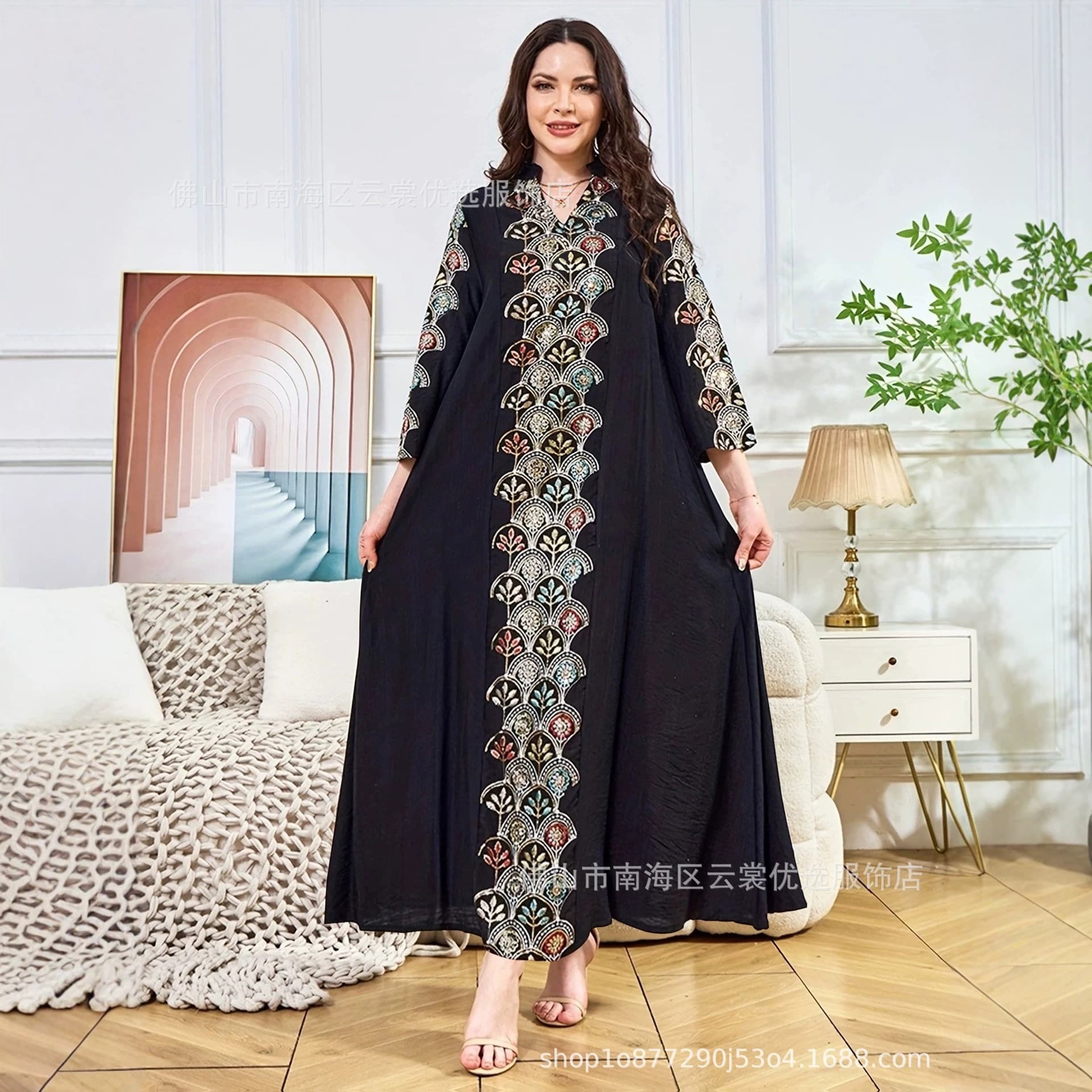 Sequin Women's Long Robe Dress V-Neck Long Sleeve Maxi Dress