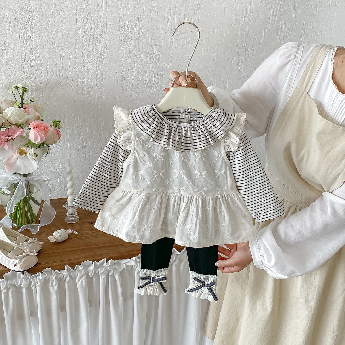 Dianxi Baby Autumn Striped Ruffle Collar Base Layer Top, Baby Fly Sleeve Vest, and Lace Trim Footed Leggings 3-Piece Set