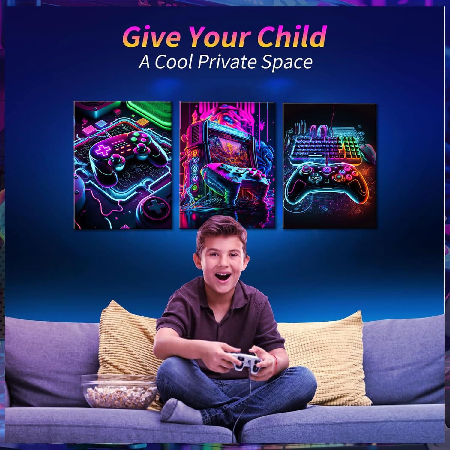 Solid Wood Frame Game Room Decor Neon Gaming Wall Art Player Theme Canvas Printed Arcade Machine Painting