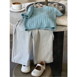 Korean Kids Children Sweater 2026 Spring Summer Girls Cable Knit Short Sleeve Sweater Fashion Jeans Two-Piece Set