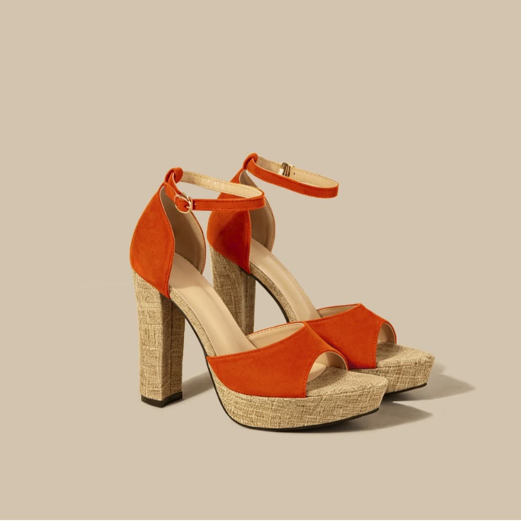 2026 Summer New Caramel Orange Yellow Suede Chunky Heel Sandals Beach Vacation Linen Woven Platform Sandals