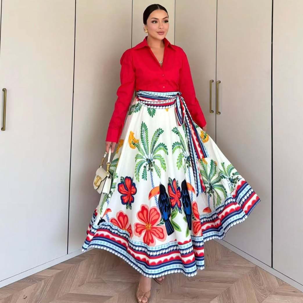 2026 Cross-border Amazon Retro Printed Skirt Set Women's Red Shirt Long Skirt Fashion Casual Two-piece Set
